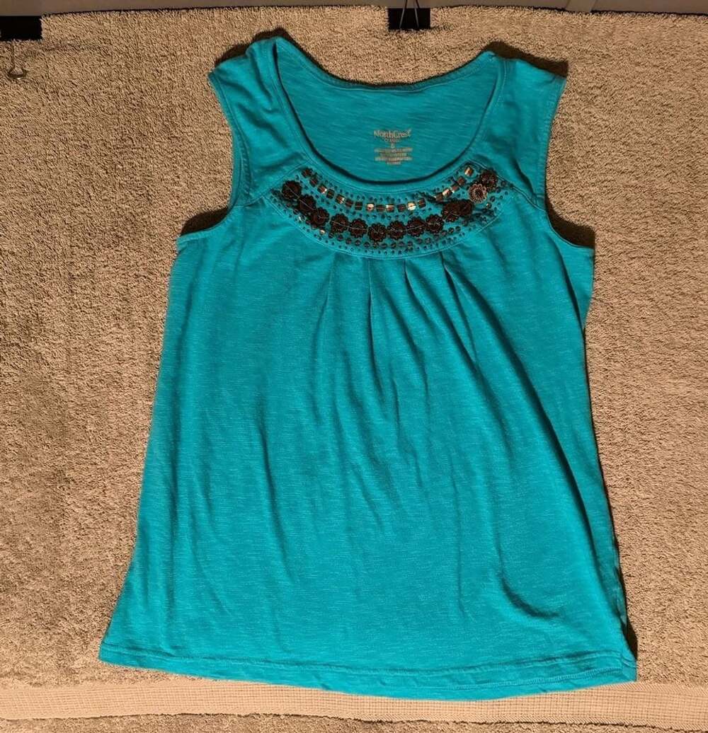 NorthCrest Beaded Neck Sleeveless Top Size S Teal Blue Boho